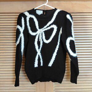 Vintage 1980s Black Knitted Sweater With White Bow Angora Pearls Rhinestones M